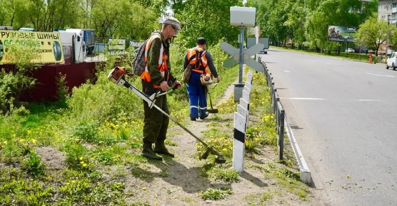 Скашивают траву и убирают мусор коммунальщики в Биробиджане