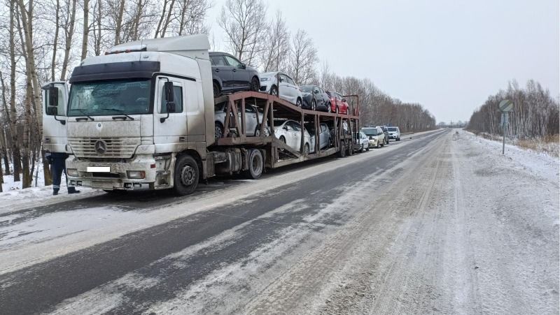Отбросило на прицеп тягача с машинами «Тойоту» на дороге в ЕАО